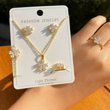 Floral Blossom Cubic Zirconia Jewelry Set – 4-Piece Gold-Plated Collection ✨🌸