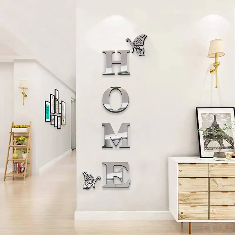 3D Acrylic HOME Letter Wall Decor with Butterfly | Modern Mirror Wall Art