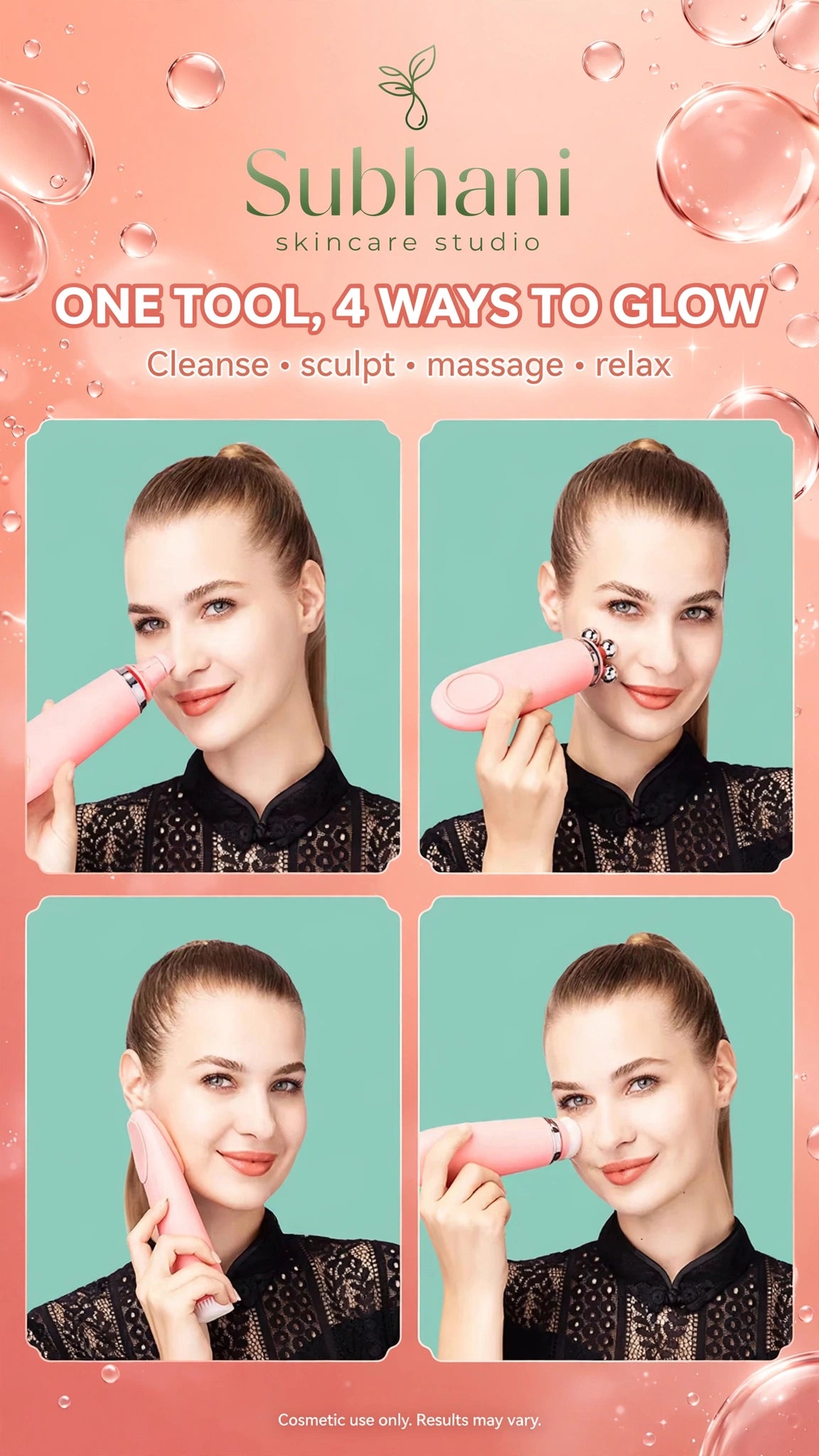 Promotional graphic for the Subhani Skincare Studio 'One Tool, 4 Ways to Glow' facial device. The design features a pink and teal color scheme with water droplets, showing a woman demonstrating four different facial massage and cleansing positions of the pink device.