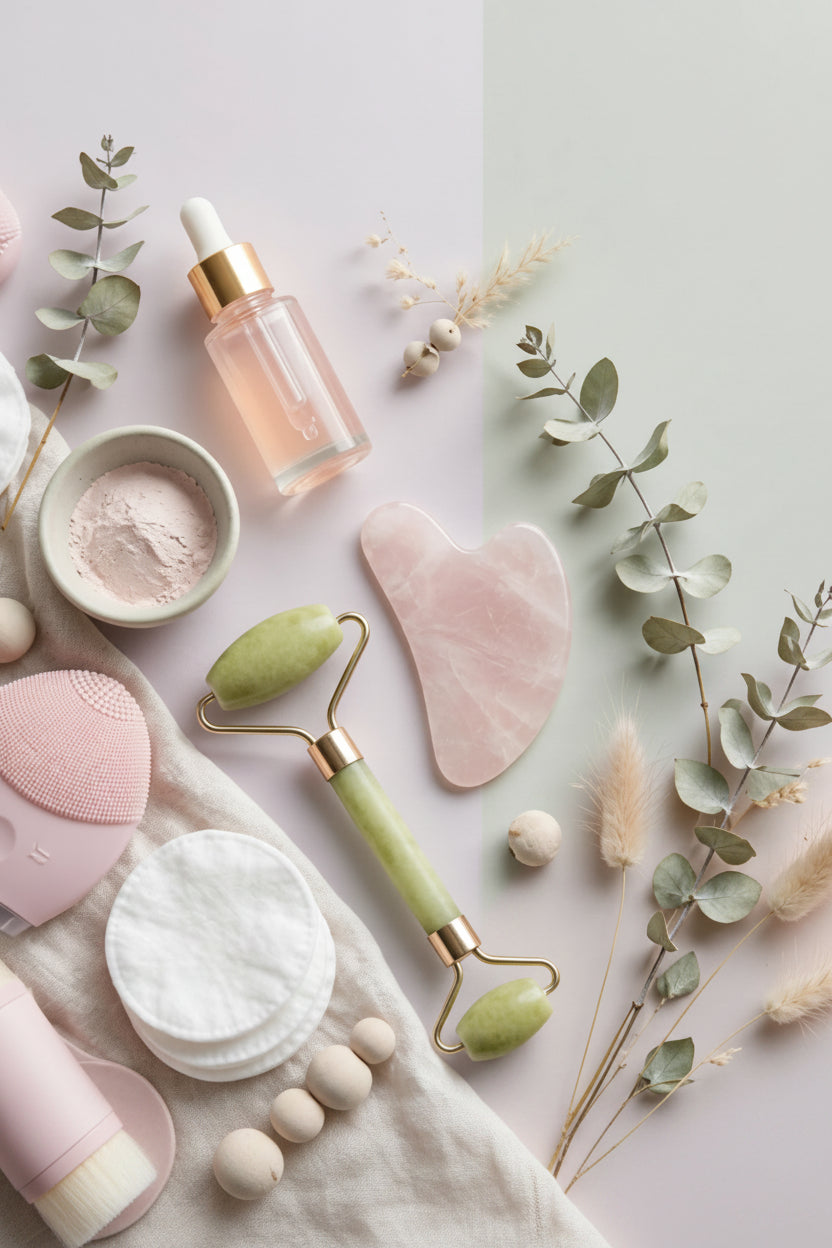 A promotional banner for Subhani skincare, featuring a left panel with a styled flat-lay of skincare products, a roller tool, and decorative leaves on a pale pink and gray background, alongside a right panel with the text 'OUR STORY' and 'Designed for real routines, not just shelves' with a 'Learn more' button.